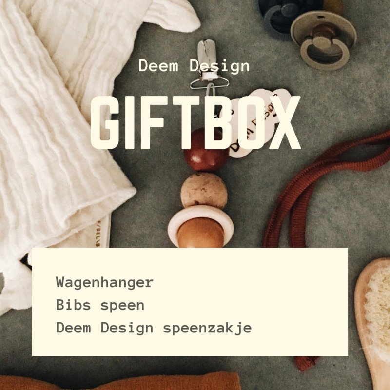 Cadeau box met wagenhanger, bibs speen en Deem Design speenzakje